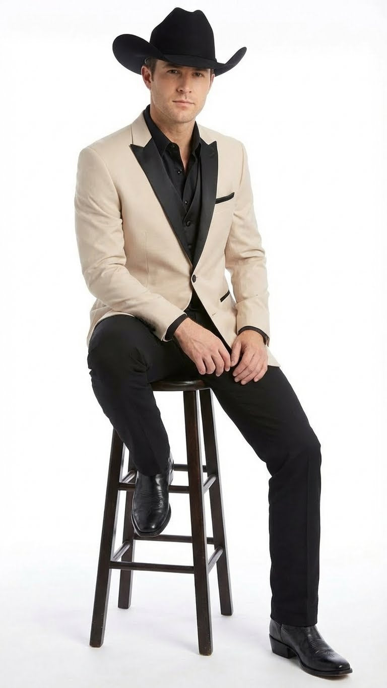 Men's Light Tan and Black Lapel Western Tuxedo Suit Set Wedding Party Cowboy Dress Tuxedo Black Pants - 34 Short or Extra Small