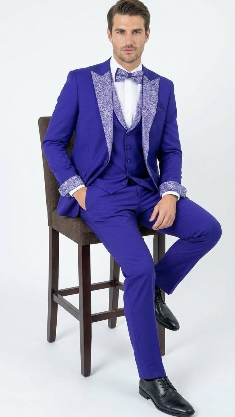 Men’s Purple and white sivler lapel  Embellished Tuxedo Suit –  Formal Wedding, Prom, and Gala Outfit Mardi Gras - 34 Short or Extra Small