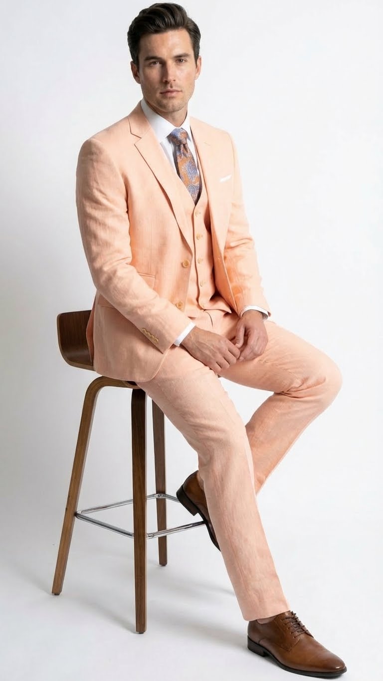 Men’s Light Peach 3 Piece Suit Set with Vest, Prom Wedding Dress Suit - 38 Short Jacket+32 Waist Adjustable 28to34)(Height: 5 4 to5 7 )(Neck  15-16.5)S-M)