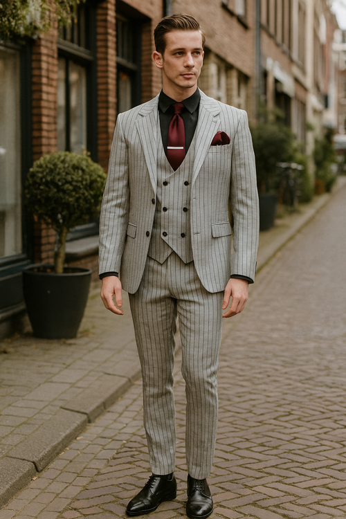 Mens 3-Piece Light Grey Pinstripe Suit with Vest Classic Business, Wedding, and Formal Attire