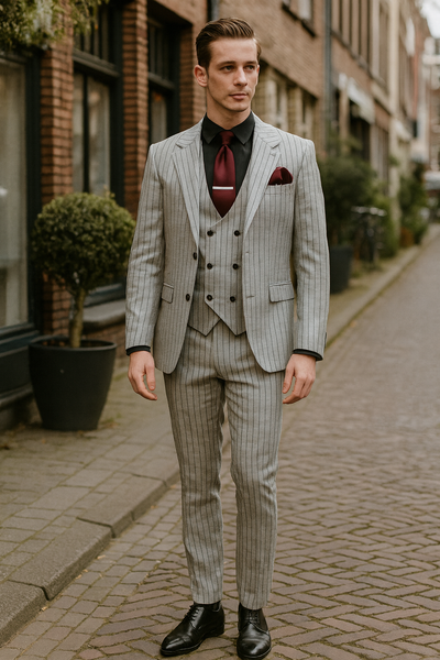 Mens 3-Piece Light Grey Pinstripe Suit with Vest Classic Business, Wedding, and Formal Attire
