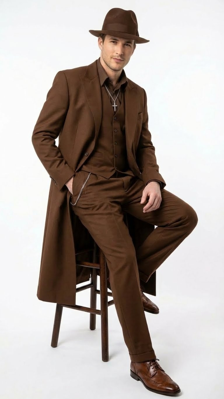 Men’s Brown 1920s Zoot Suit – Long Gangster Mafia Zuit Vintage Three-Piece Costume Set Pachuco Style - 34 Short or Extra Small