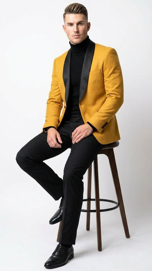 Men's Gold Shawl Lapel Blazer Tuxedo Dinner Jacket Luxury Formal Blazer Jacket for Wedding, Party and Evening Events