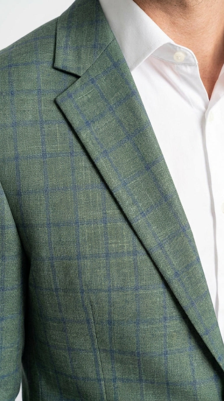 Men’s Tartan olive Green with blue checker Windowpane 2-Piece Suit – Modern Fit Plaid, Business and Formal Suit english styl - 34 Short or Extra Small