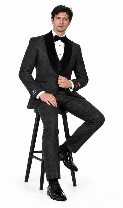 Gianni | Black with Black Velvet Lapel 3-Piece Tailored-Fit Tuxedo Black Velvet Suits and Tuxedos