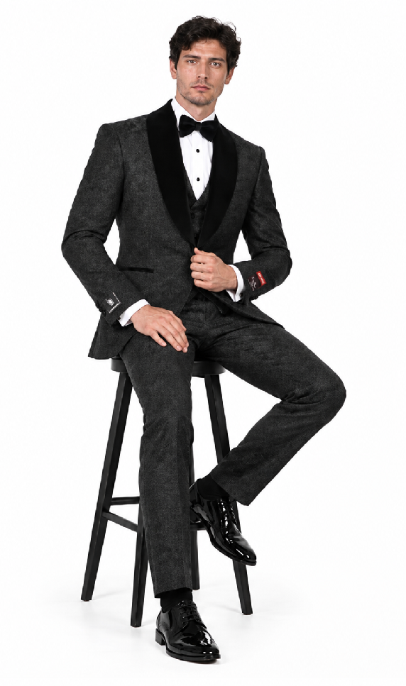 Gianni | Black with Black Velvet Lapel 3-Piece Tailored-Fit Tuxedo Black Velvet Suits and Tuxedos