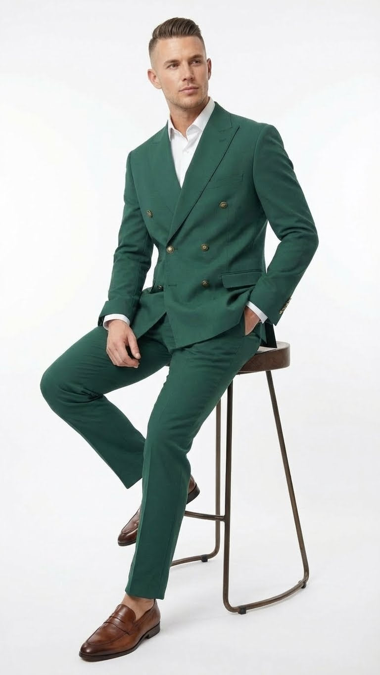 Vitali Brand Men’s Emerald Green Double Breasted Suit – Modern Fit Side Vented - 34 Short or Extra Small