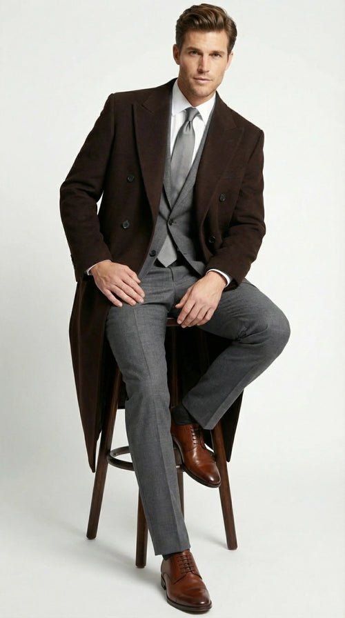 Mens Brown Long Overcoat Double Breasted Classic Formal Winter Coat for Business, Topcoat and Cold Weather Wear