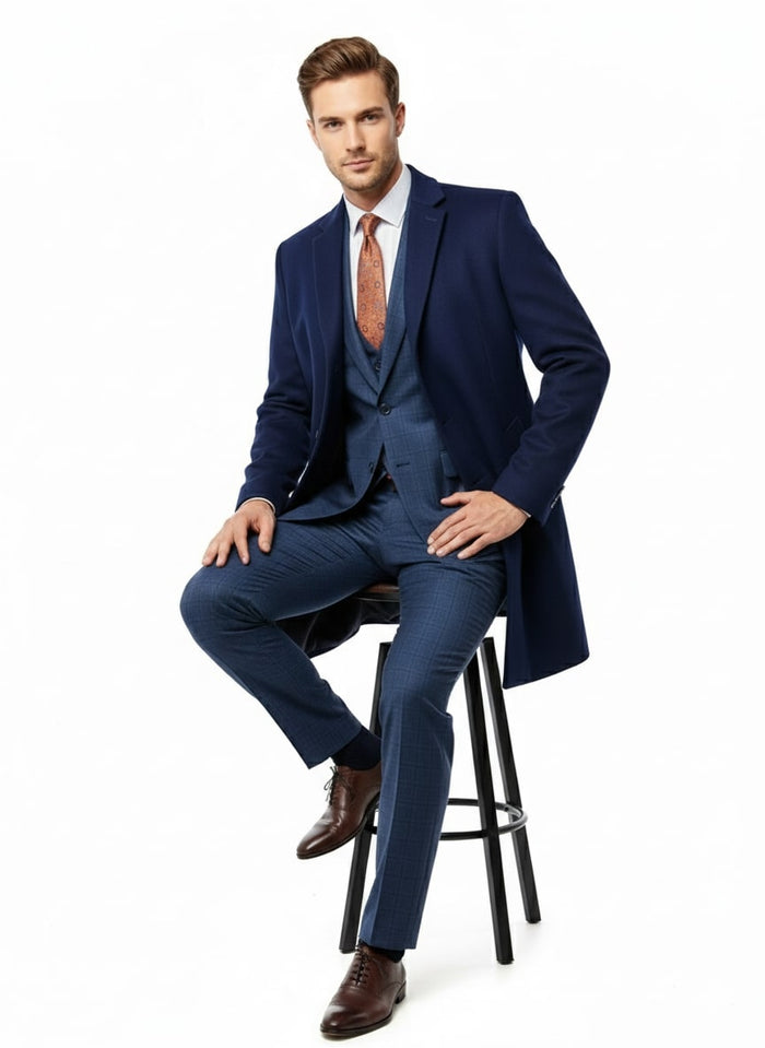 Mens Cobalt Blue Wool and Cashmere Car Coat Overcoat Classic Winter Topcoat for Indigo Sapphire Color (light Navy Dark Royal)