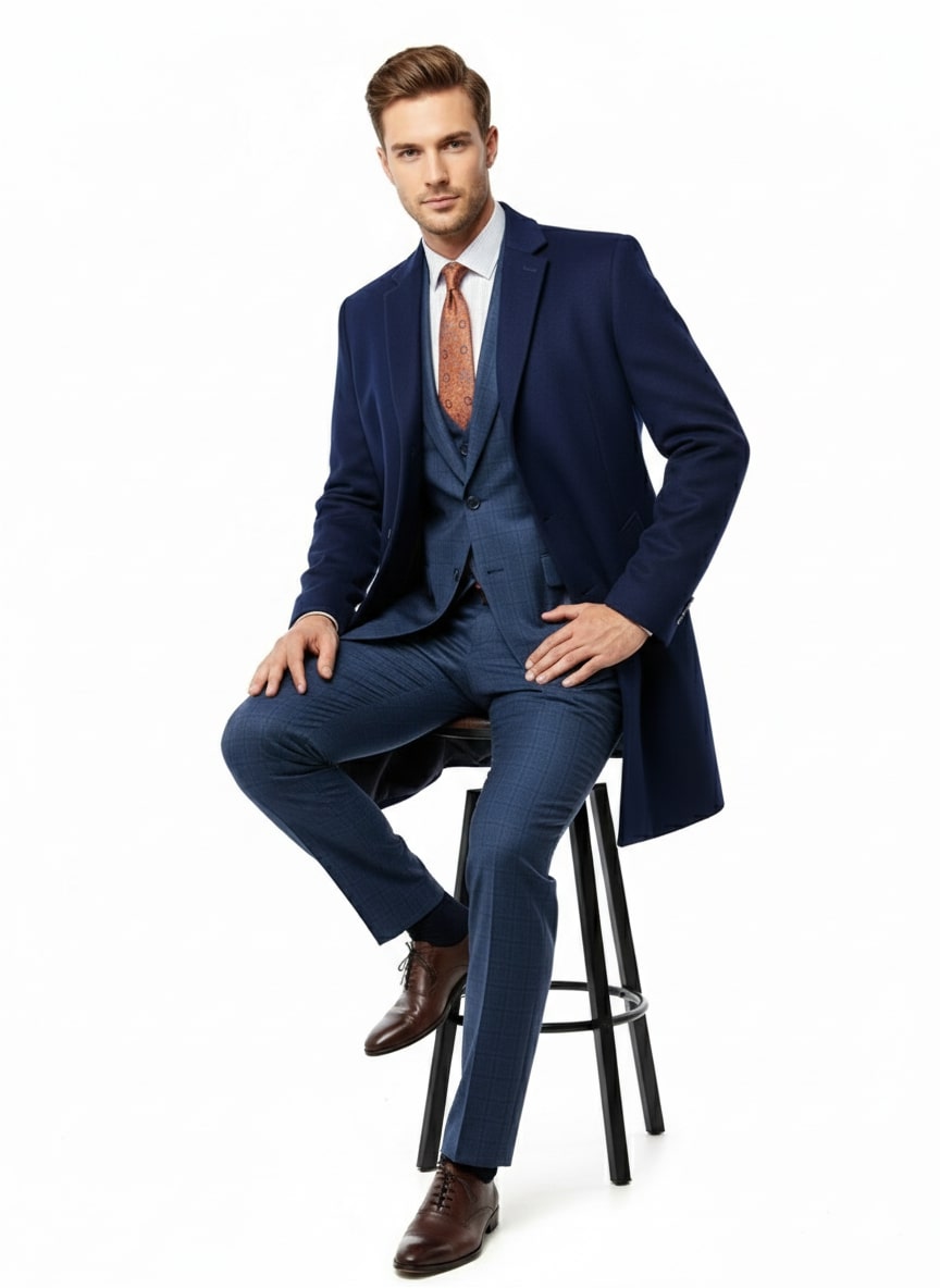 Mens Cobalt Blue Wool and Cashmere Car Coat Overcoat – Classic Winter Topcoat for Indigo Sapphire Color (light Navy Dark Royal) - Coat Size 38