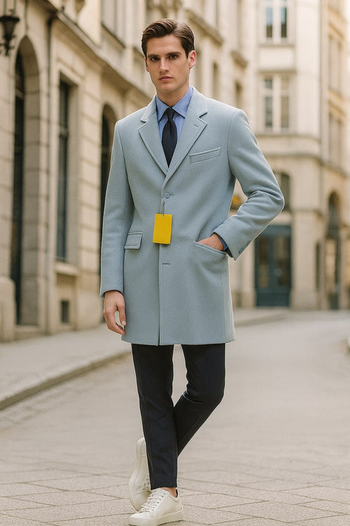 Mens Light Blue Wool Overcoat Modern Long Coat with Classic Tailored Fit in Sky Blue