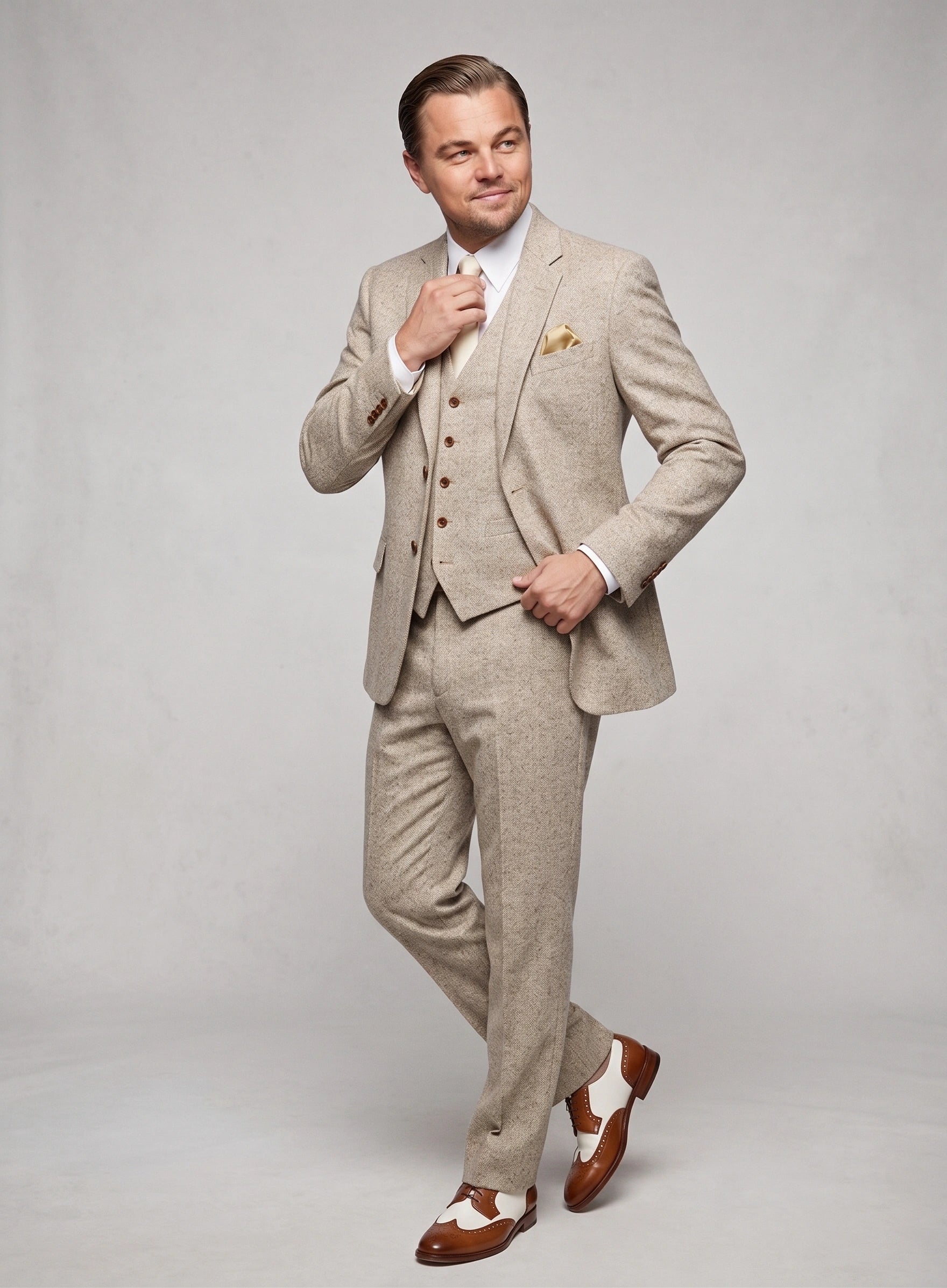 Men’s Light Tan Tweed Great Gatsby 3 Piece Suit – Vintage Vested Wedding Suit, 1920s Classic Formal Outfit Herringbone - 34 Short or Extra Small