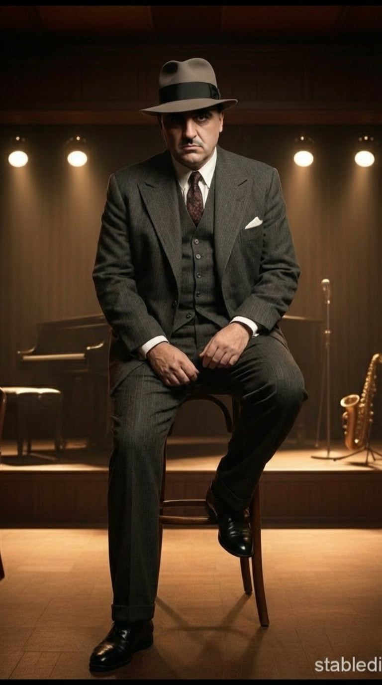 Al Capone Mens Charcoal Gray Stripe 3-Piece Gangster Style Suit 1920s Jazz Club Inspired Formal Suit Outfit - Suit