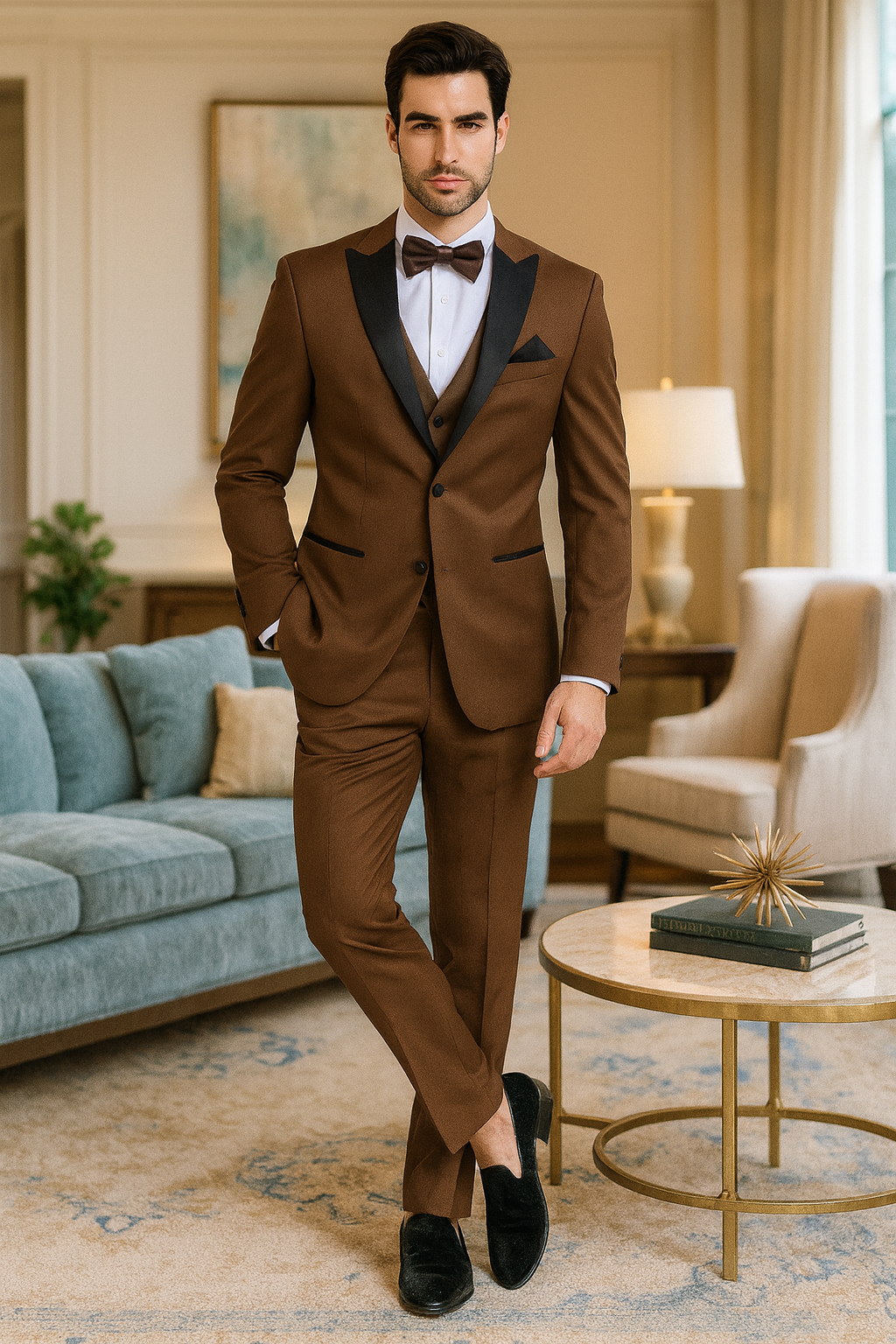Menâ€™s Light Brown Tuxedo Suit with Black Satin Lapel â€“ 3 Piece Formal Wedding & Prom Outfit - Country Look - 34 Short or Extra Small