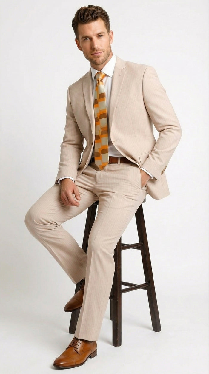 Vitali Mens Natural Beige Pinstripe Suit Summer Tan Pinstripe  Weddings and Business Wear