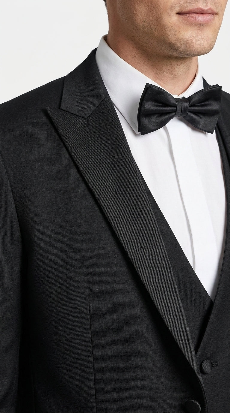 Men’s Black Boot Cut 3-Piece Tuxedo Suit – Peak Lapel Wedding, Prom and Formal Suit 1970s Style - 34 Short or Extra Small
