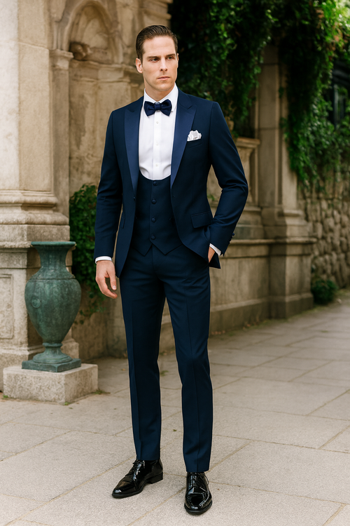 Mens Navy Blue Tuxedo with Satin Peak Lapel with navy sateen – 3 Piece Formal Suit with Vest and Bow Tie