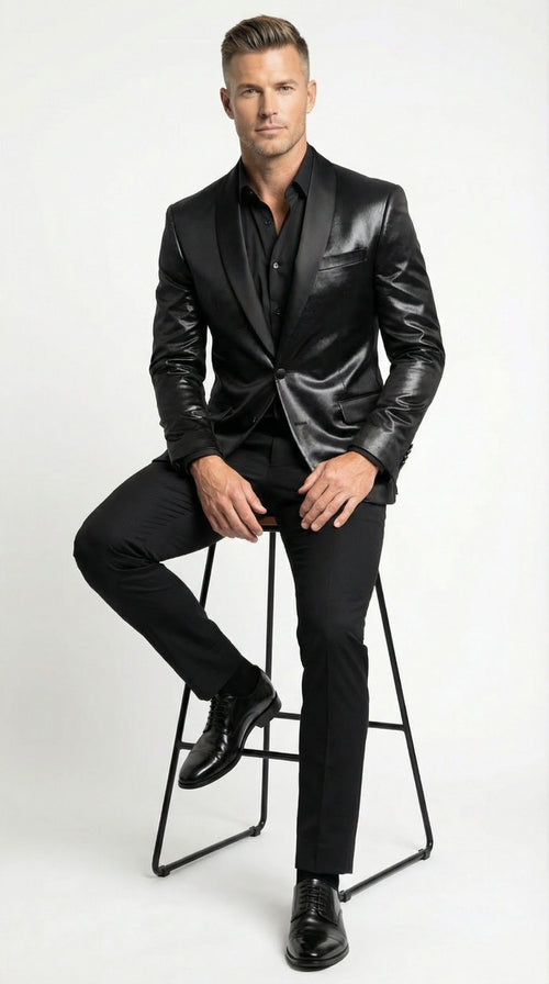 Mens Shiny Black Tuxedo Blazer Glossy Formal Jacket for Party Dinner Jacket Shawl Collar