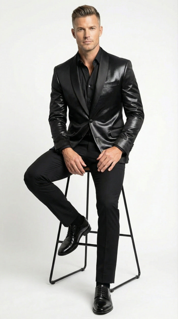 Mens Shiny Black Tuxedo Blazer Glossy Formal Jacket for Party Dinner Jacket Shawl Collar