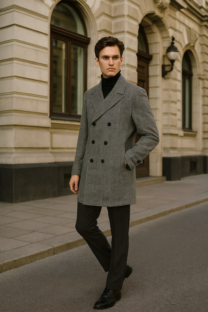 Mens Grey Plaid Double-Breasted Overcoat with Black Faux Fur Collar Classic Winter Peacoat