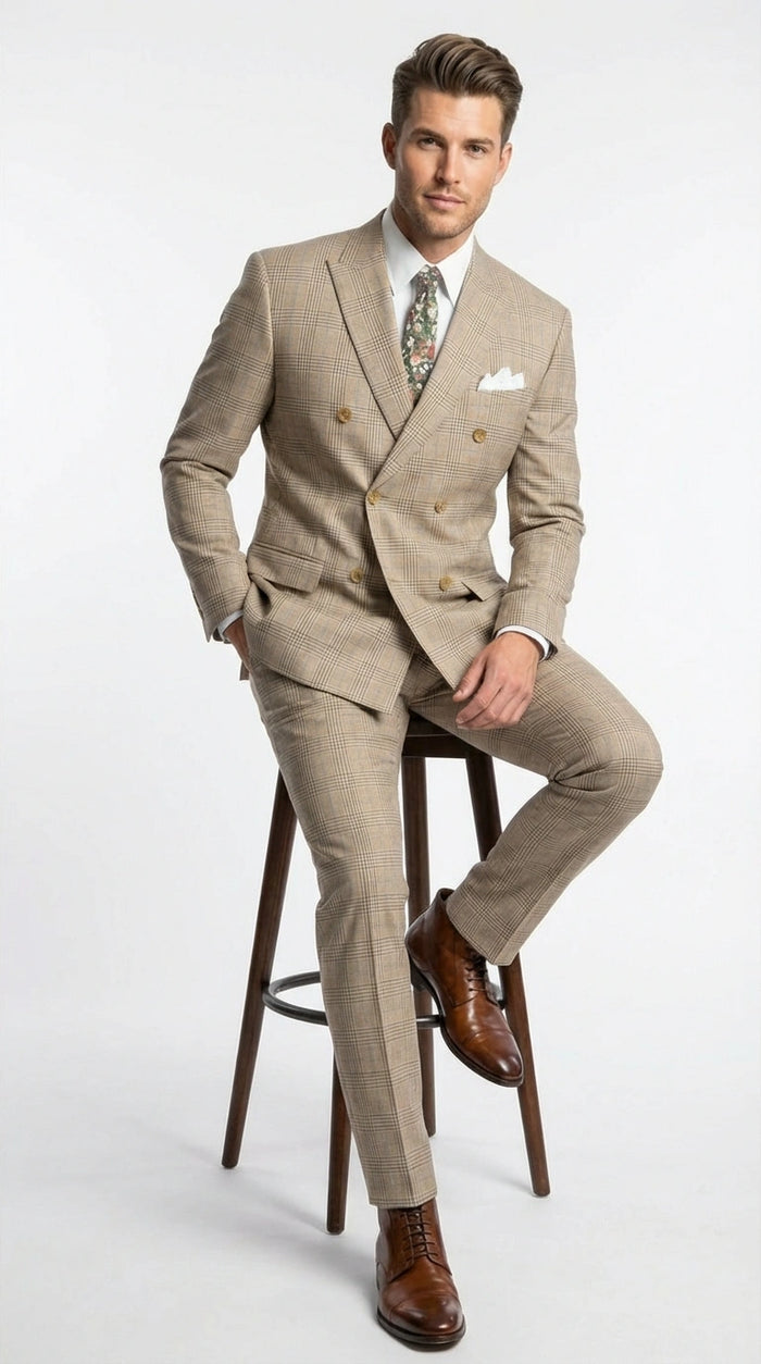 Vinci Mens Beige Plaid Double Breasted Suit Classic Checkered Formal Suit Set in Tan Color Windowpane Checkered Pattern