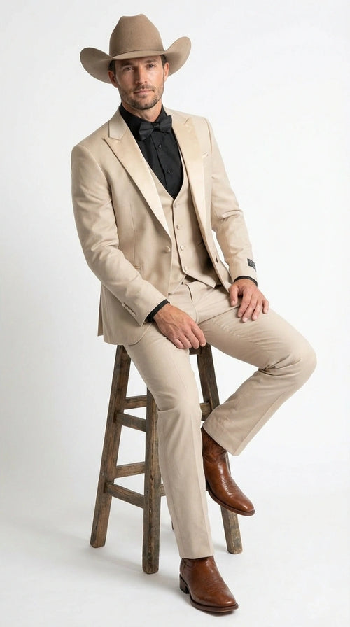 Mens Tan Cowboy Suit Western Formal Two Piece Suit for Weddings,  Champaign Sand Color