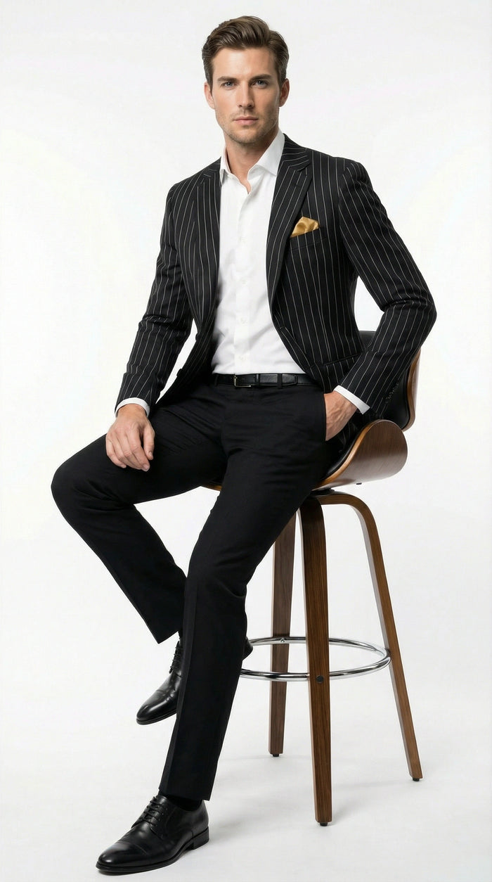 Mens Black Pinstripe Blazer Classic Tailored Formal Jacket for Business, Office and Evening Wear