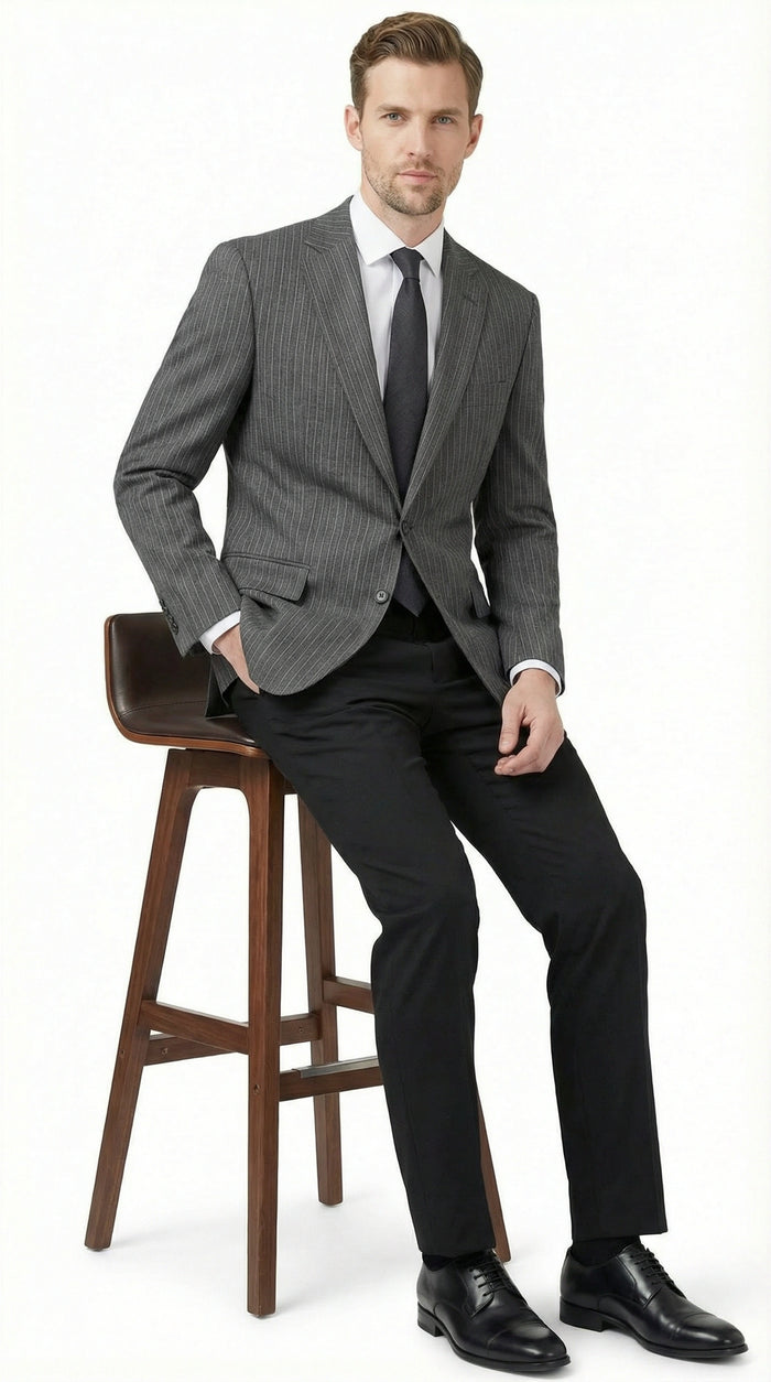 Mens Charcoal Grey Pinstripe Blazer Classic Tailored Formal Jacket for Business, Professional Wear Sportcoat