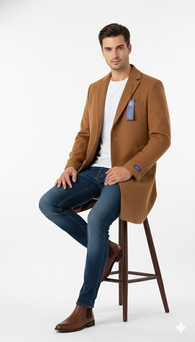 Mens Camel Brown Wool Top Coat Classic Long Overcoat for Formal and Casual Wear in rust copper