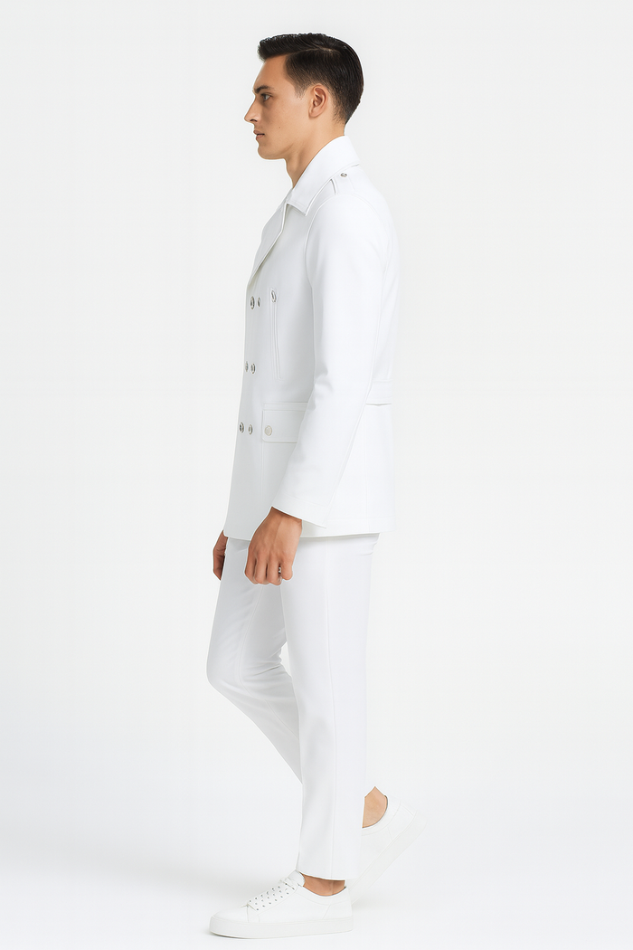 Mens White Double-Breasted Peacoat Jacket – Classic Stylish Outerwear Wool Fabric Slim Fitted