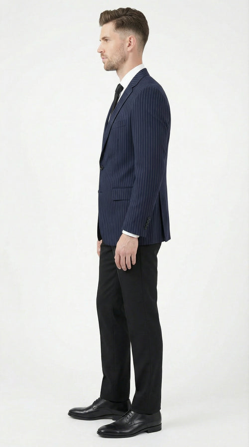 Mens Navy Blue Pinstripe Blazer Classic Tailored Formal Jacket for Business, Office and Professional Wear