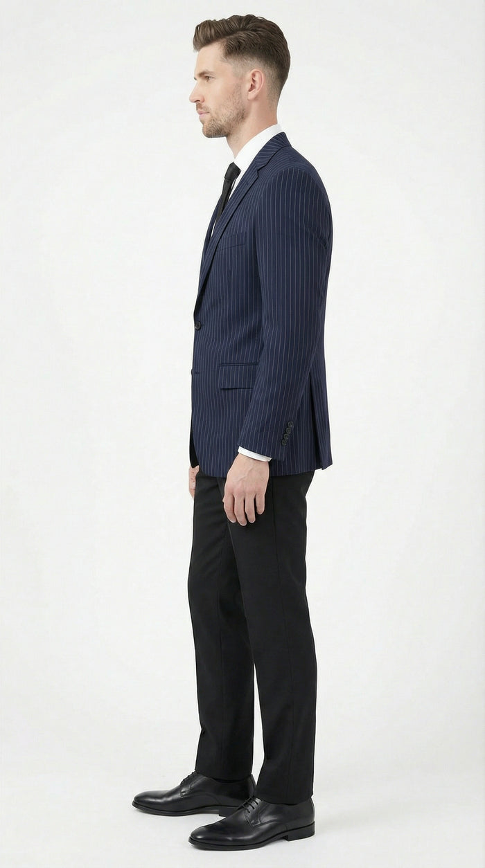 Mens Navy Blue Pinstripe Blazer Classic Tailored Formal Jacket for Business, Office and Professional Wear