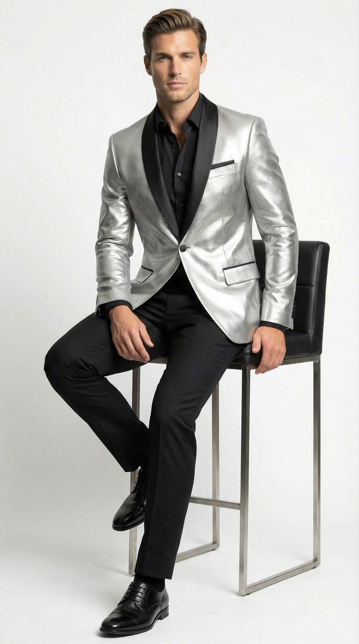 Mens Shiny Silver Blazer with Black Lapel Luxury Metallic Formal Jacket for Party, Evening and Special Events