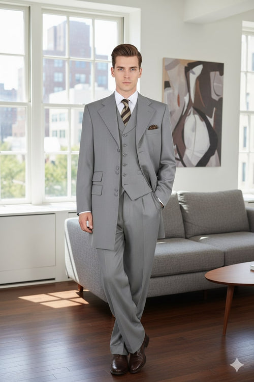 Mens Zoot Suit - Light Gray 3-Piece Suit with Vest Classic Business and Wedding Formal Wear - 1920s Fashion