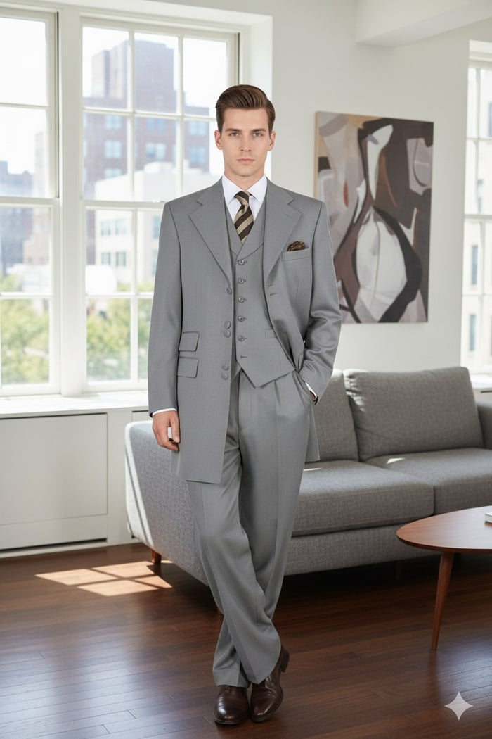 Mens Zoot Suit - Light Gray 3-Piece Suit with Vest Classic Business and Wedding Formal Wear - 1920s Fashion