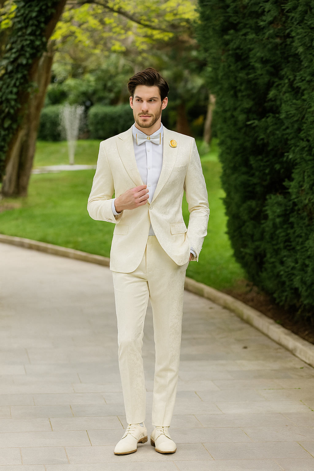 Men’s Champaign Ivory  Jacquard Paisley Tuxedo Suit with Satin Shawl Lapel – Elegant Wedding and Prom Outfit By Rossiman - S