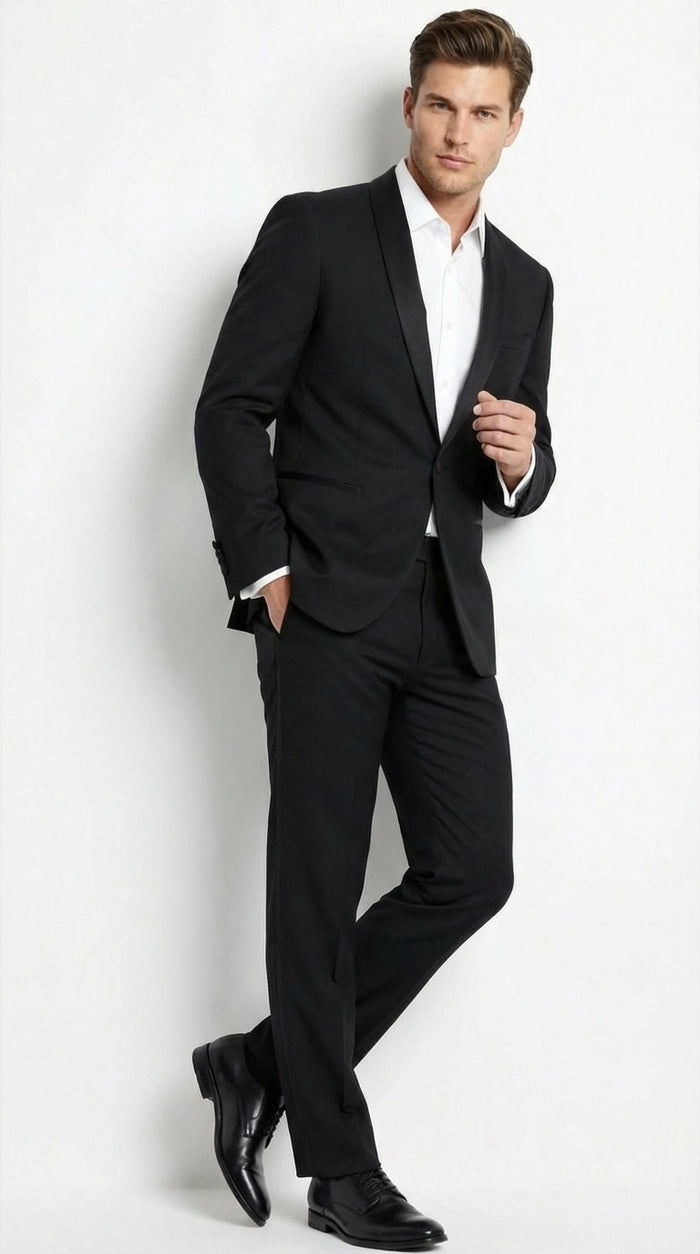 Tiglio Designer Mens Black Single Button Tuxedo Suit Formal Black Business and Wedding Suit Shawl Collar  Super 150's Wool Fabric