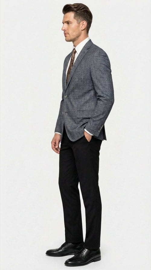 Mens Charcoal Gray Windowpane Check Blazer Classic Two Button Formal Sport Coat Jacket