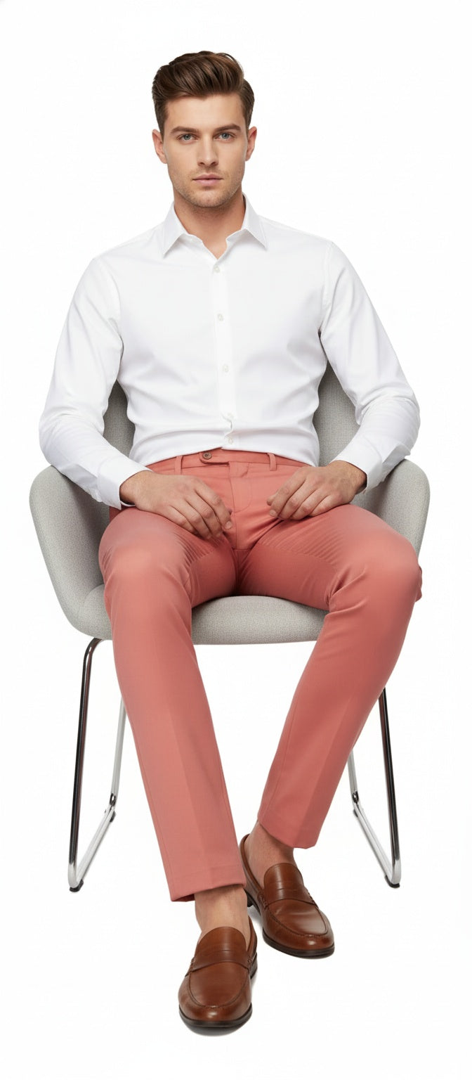 Mens Slim Fit Coral Pink Dress Pants Stylish Formal and Casual Trousers for All Occasions - dress size pants : 28 Unfinished bottom