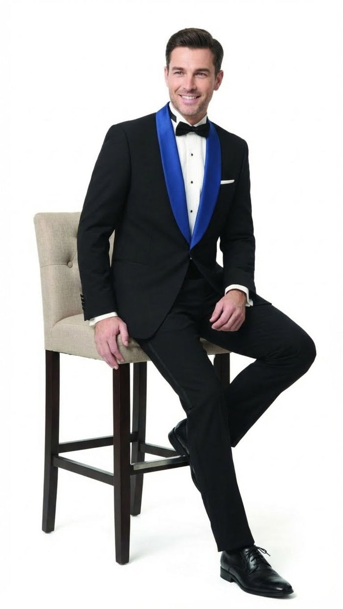 Mens Black Tuxedo with Royal Blue Shawl Lapel | Modern Formal Dinner Jacket Suit + Pants for Weddings, Proms