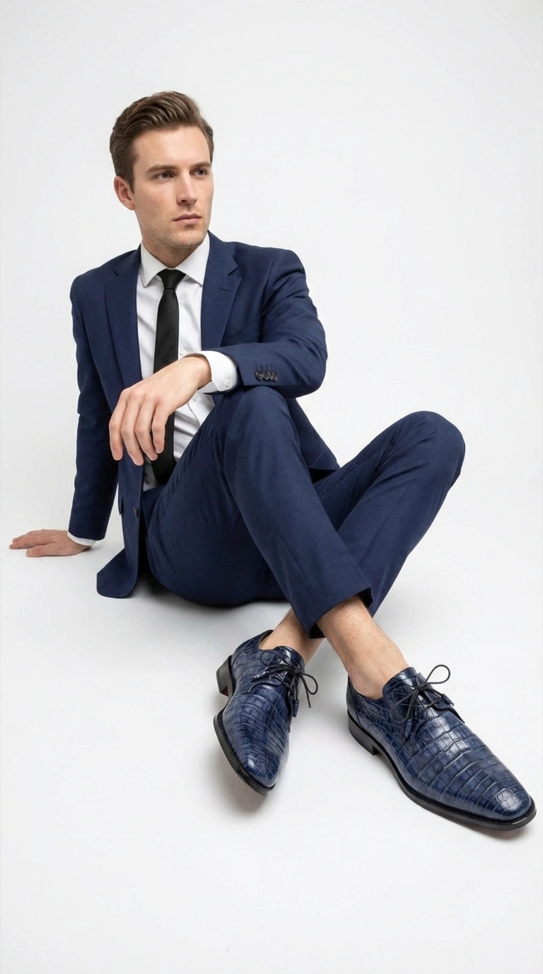 Mezlan Blue Crocodile Alligator Embossed Leather Dress Shoes for Men – Luxury Lace Up Oxford Shoes – Blue Exotic Pattern Formal - 6