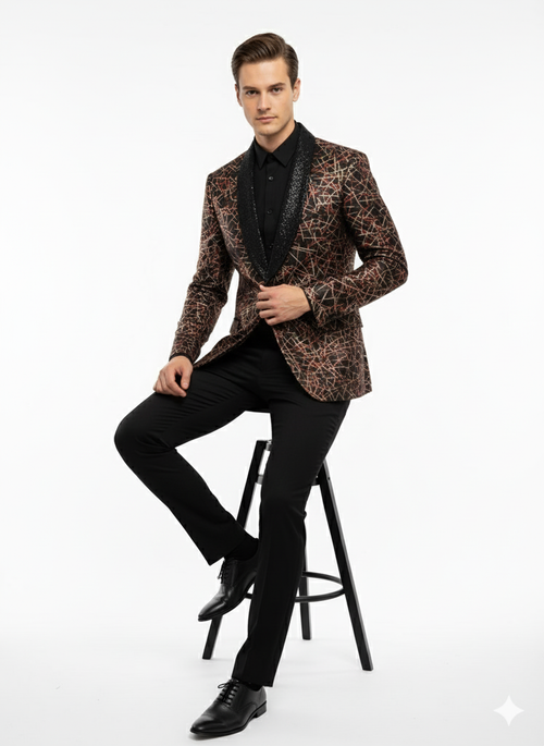 Mens Black Shiny Designer Blazer with Red and Gold Pattern Luxury Party & Wedding Jacket