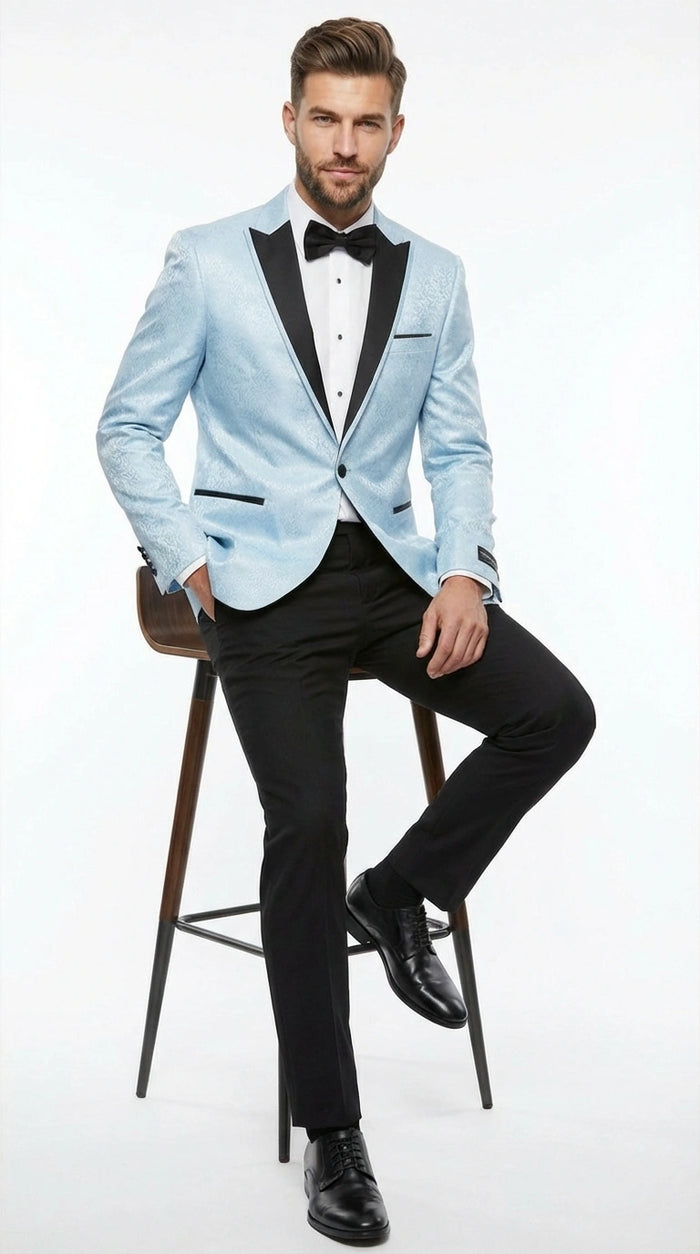 Mens Baby Blue Tuxedo Blazer with Black Lapel Formal Dinner Jacket for Wedding, Prom and Evening Events  in Sky Light Blue Color