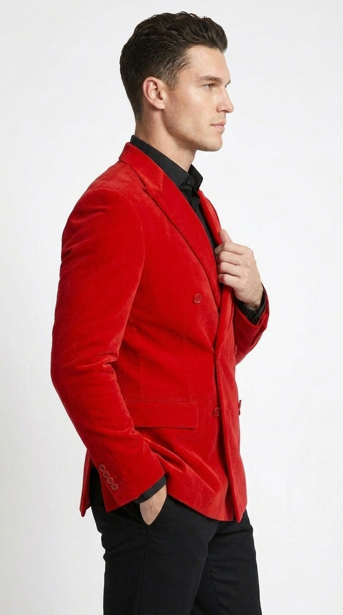 Men’s Red Double Breasted Blazer – Peak Lapel Wedding, Prom & Party Sport Coat