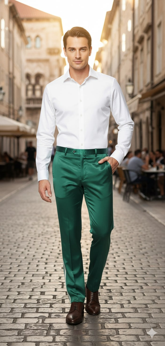 Mens Emerald Green Satin Slim Fit Dress Pants Shiny Formal Party and Wedding Trousers