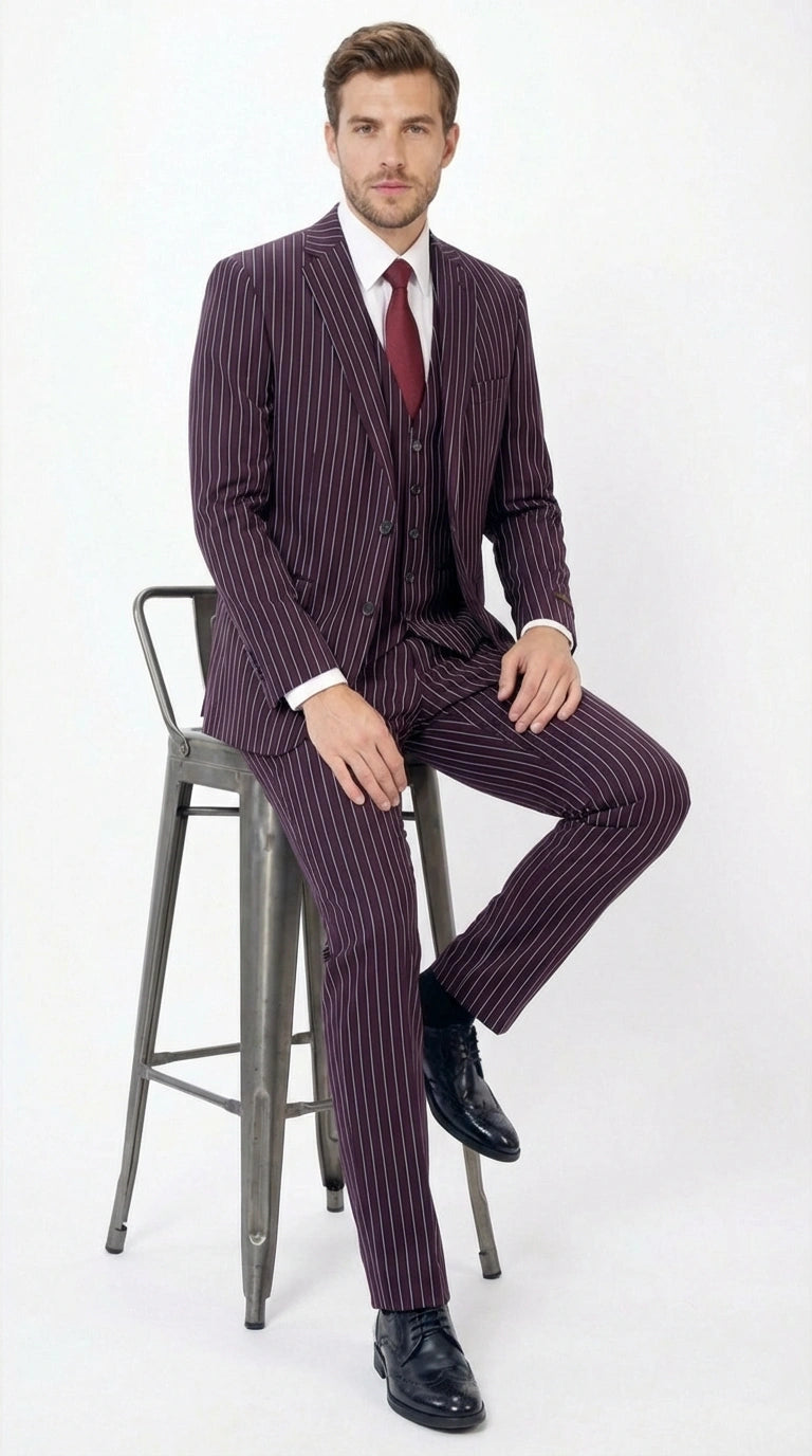 Men’s Plum Eggplant Pinstripe 3 Piece Suit – Burgundy Purple Formal Suit  Gangster 1920s Mafia Pimp Suit - 34 Short or Extra Small
