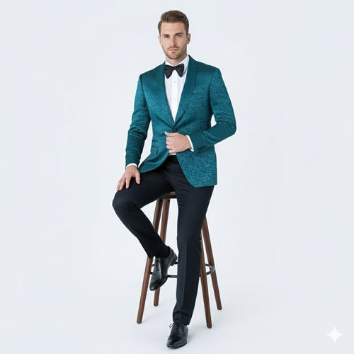 Mens Teal Blue Paisley Tuxedo Jacket Elegant Shawl Lapel Dinner Blazer for Weddings, Prom and Formal Events - Greenish Blue