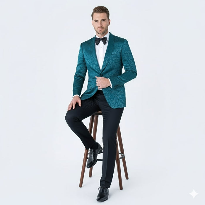 Mens Teal Blue Paisley Tuxedo Jacket Elegant Shawl Lapel Dinner Blazer for Weddings, Prom and Formal Events - Greenish Blue