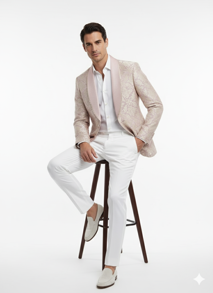 Menâ€™s Lavender and Gold Tuxedo Embroidered Lilac Mauve Blazer â€“ Designer Floral Pattern Wedding & Party Jacket - 36 Short