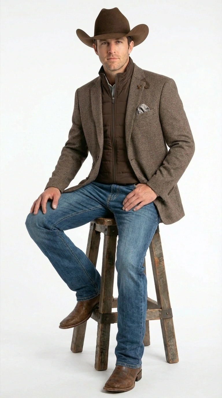 Mens Brown Herringbone Tweed Cowboy Western Blazer Classic Country Sport Coat Jacket for Ranch Wear,  Cowboy Jacket - 36 Short